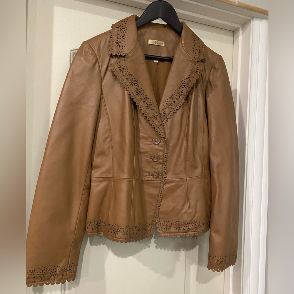 Wilsons Leather Blazer Jacket Womens medium VTG Brown Button Front Trim Edges